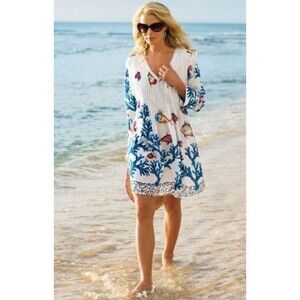 Soft Surroundings Seychelles Beaded Trim Fish Tunic Coverup White  Sz XS (FLAW)